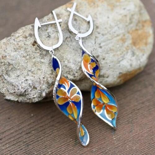 Vintage colorful Enamel drop dangle earrings women girls clip flower figure white gold silver color ethnic accessory party gifts