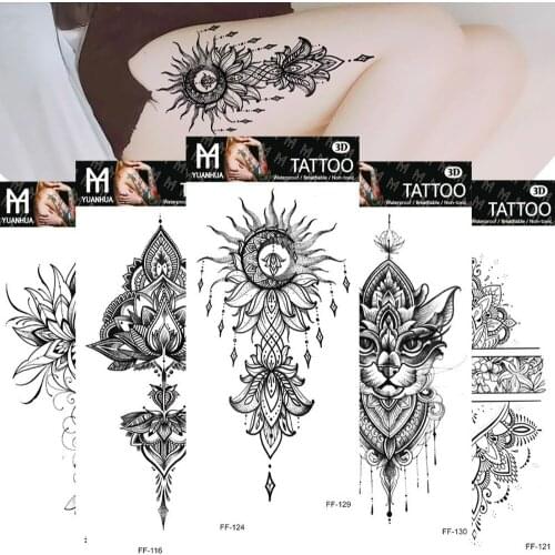 Temporary Tattoo for Women Lace Henna Mandala Black Plain Flower Waterproof Sweatproof Tattoo Stickers Sexy Female Fake Tattoos