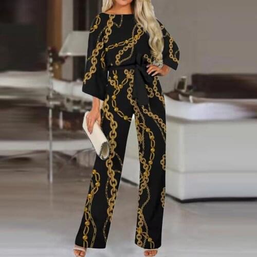 Women Lace-Up Jumpsuits Elegant Three Quarter Belt Black Print Suit O-Neck Tops Wide Leg Straight Sashes Romper Office Lady Suit