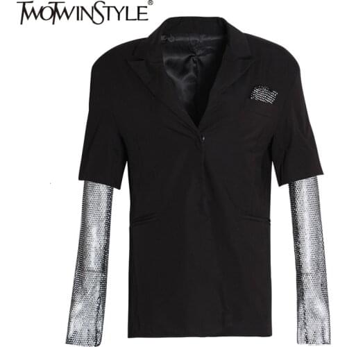 TWOTWINSTYLE Diamonds Mesh Long Sleeve Patchwork Black Blazer Coat Women 2020 Autumn Elegant Ladies Fashion Clothing Streetwear