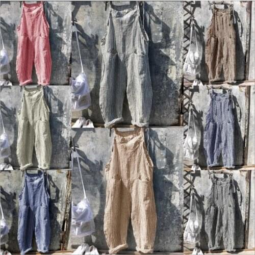 New Summer Ladies Jumpsuit Suspenders Sleeveless Casual Striped Wide-Leg Trousers Womens