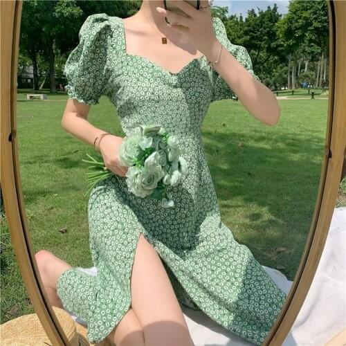 Women Boho Green Floral Print Maxi Dress Sexy Casual Puff Sleeve Split A-line Long Dress Female Beach Sundress 2021 New