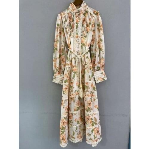 New 2021 Autumn Long Dress High Quality Women Elegant Floral Print Cascading Ruffle Lace Patchwork Long Sleeve Elegant Dress