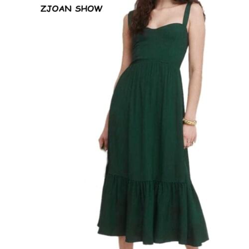 2021 Summer Plain Green Color Women Sling Dress Ruffles hem Tie Bow Strap Sleeveless Midi Long Dress Sexy Beach Holiday Vintage