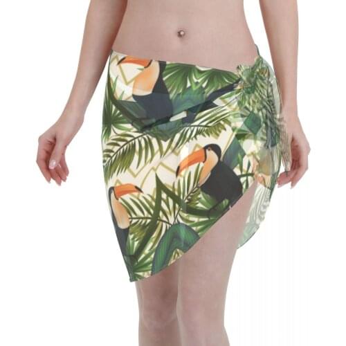 Women See-Through Beach Bikini Cover Up Wrap Scarf Swimwear Pareo Sarong Dress Tropical Leaves Birds Casual Beach Dress