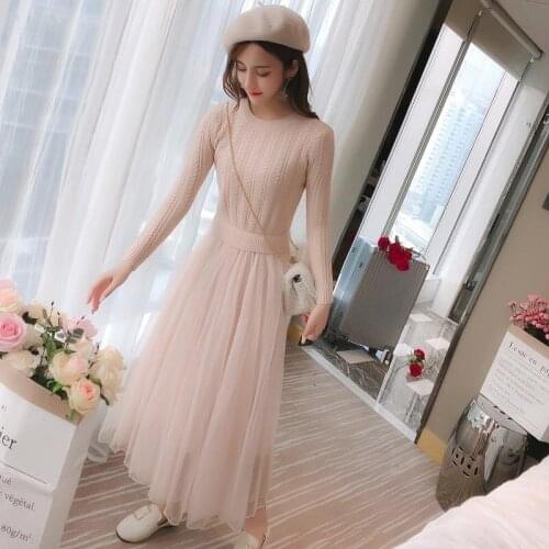 Autumn Winter Women Mesh Dress Knitted Sweater Top Shirt Patchwork A-line Slim High Vintage Waist Mid-Calf Long Sleeve Bottoming