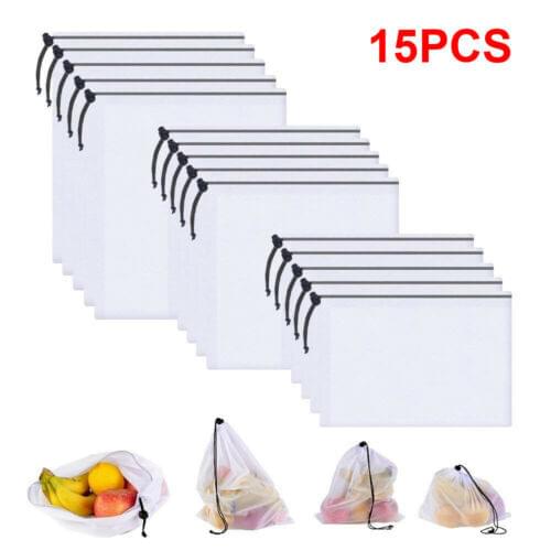 15Pcs Reusable Produce Bags White ROPE Mesh Vegetable Fruit Toys Storage Pouch Storage Bags Shipping Bags