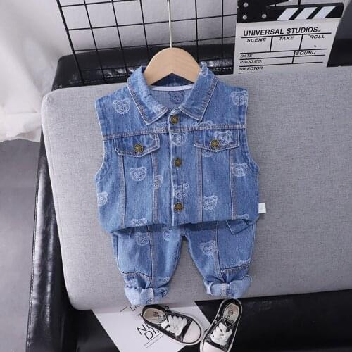 2021 Spring Autumn Baby Boys Girls Clothes Printe Cotton Denim Vest Pants 2pcs/Set Children Fashion Splice Kid Casual Tracksuits