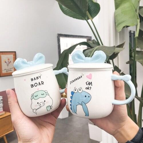 Bowknot Big Belly Ceramic Mug with Cover Spoon Cartoon Creative Cute Coffee Milk Water Cup Mugs Coffee Cups Drinkware
