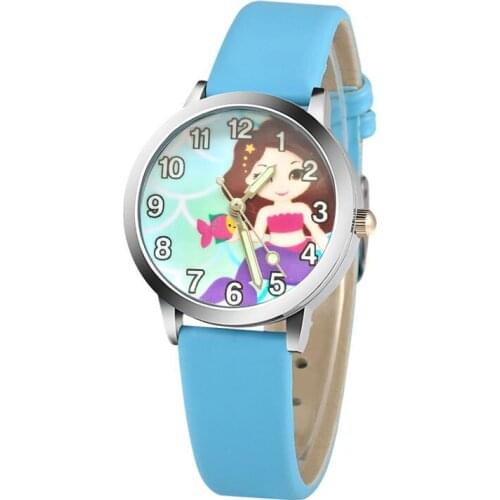 New Mermaid Cartoon Childrens Watch Fashion Girls Kids Student Cute Wrist Watches Hour Gift relojes Boy leather clock