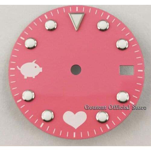 Goutent 28.5mm Sterile Watch Dial Pink piggy heart dial Green Luminous Fit For NH35 NH35A Movement Watch Face