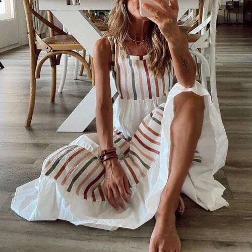 Elegant White Beach Striped Print Sundress Durable Sleeveless Polyester Comfort Stretch Women Dress for Dating New 2021