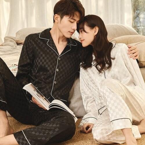 Couple Set Pajamas Solid Color Sleepwear Silk Satin Long Button-Down Pyjamas Suit Pijama Women Men Loungewear Plus Size Pj Set