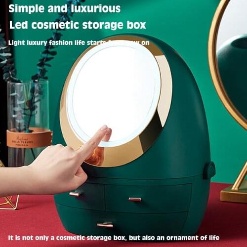 Jewelry Storage Box with LED Light Desktop Dustproof Cosmetic Storage Drawer with Mirror Container Display Rack Shelf