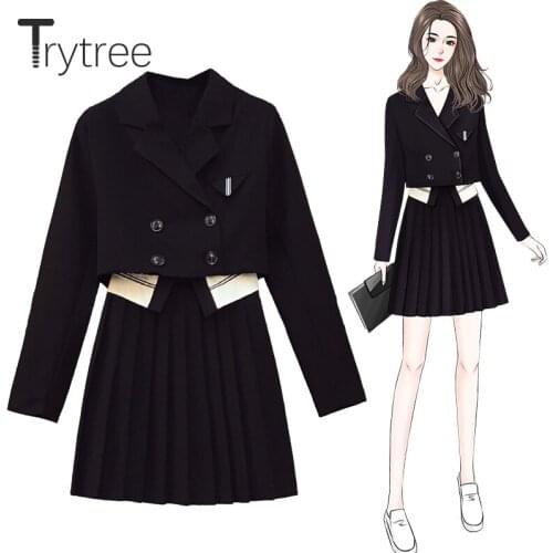 Trytree 2021 Spring Summer Two piece set Casual Black Short Blazer Coat + Zip A-line Mini Pleated Skirt Sweet Suit 2 Piece Set