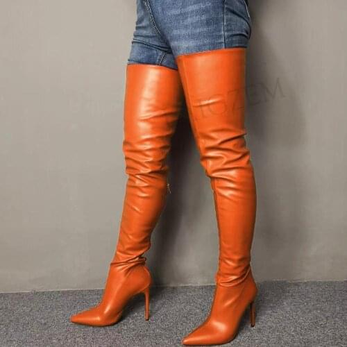 LAIGZEM Women Thigh Knee Boots Soft Faux Leather Stiletto Heels Boots Over Knee Zip Shoes Woman Botas Mujer Large Size 34-47