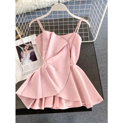 Summer Womens Blouse Korean Style Solid Color Ruffled Irregular Sling Shirt New Pleated Waist Sling Blouse Tops QX957