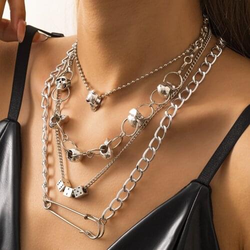 Hip Hop Punk Exaggerated Skull Hollow Set Necklace Street Shooting Dark Geometric Square Pin Multilayer Necklace Wedding Gifts