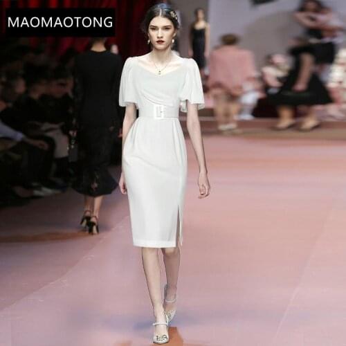 Fashion Designer Summer Sheath white Dresses Womens Puff sleeve Sashes Office Ladies Slim Midi Dress Vestidos