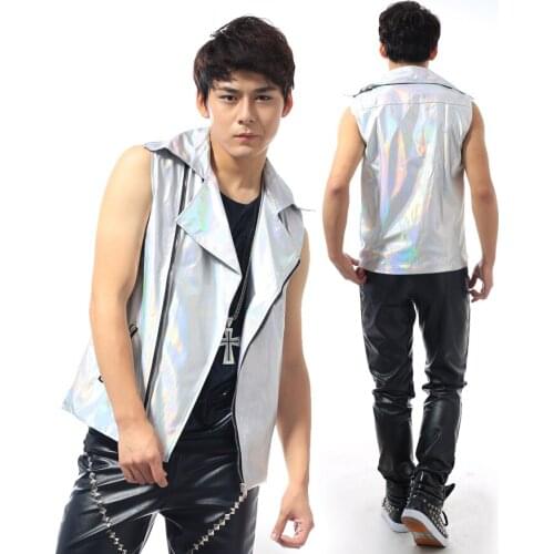 2016 Fashion Male Cool Silver Laser PU Leather Vest costumes Male singer dj nightclub outwear Party Show stage performance wear