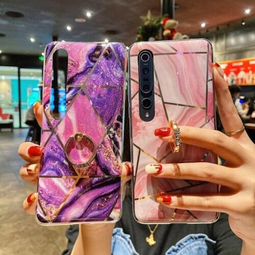 Marble Plating Ring Holder Case For Xiaomi Redmi Note 9 Pro Max 9S 8 8A Mi 10 POCO X3 NFC X3 Pro Soft IMD Silicone Cover