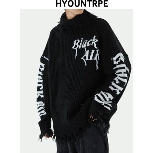 Destroyed Ripped Letter Knitted Sweater Men Pullover Long Sleeve Turtleneck Oversize Autumn Winter Sweater New Streetwear Jumper
