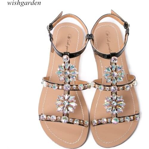 2021 NEW Women`s Summer Peep toe Bohemia Sandals Female Diamond Flat sandals Lady Casual Beach Rhinestone Shining Shoes Slippers