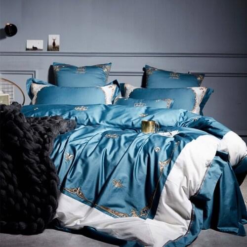 New Luxury blue 100S Egyptian cotton Embroidery Bedding sets Queen King Royal Duvet cover Bed sheet set Pillowcases 4/6pcs