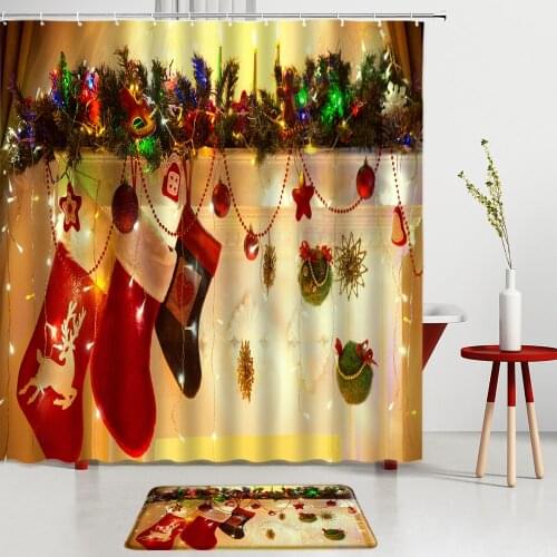 Christmas Bathroom Sets Shower Curtains Bath Mats Entrance Door Mats Gift Red Socks Festival Room Decoration Non-Slip Carpet
