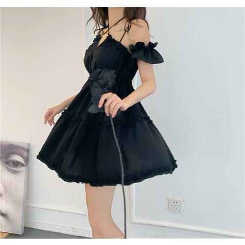 Ruibbit Summer Gothic Fashion Women Sexy Vintage Sleeveless Dress Punk Black A one-word collar-and-shoulder Dress