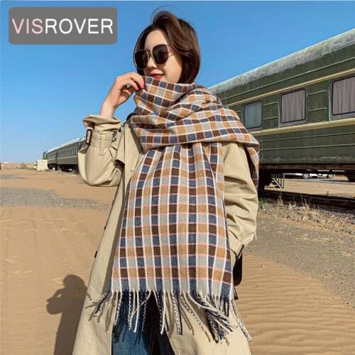VISROVER Blue Checked Winter Scarf For Women Fashion Female Shawl Cashmere Handfeel Winter Wraps Fushia Warm Autumn Hijab Gift