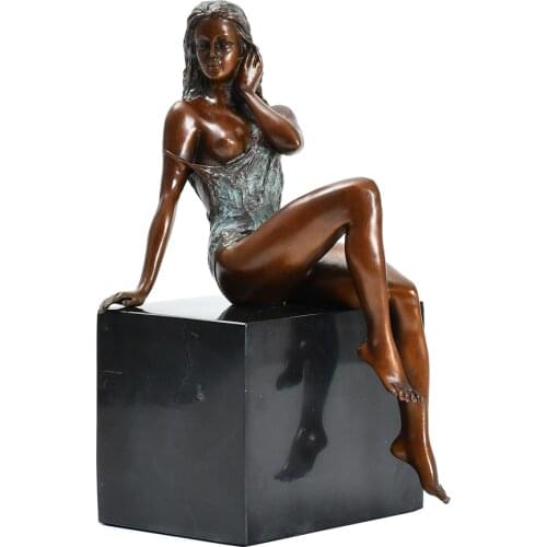 Hot Bare Sitting Girl Statue Bronze Erotic Sculpture Nude Female Brass Figurine Art Marble Base Decor Gifts 25CM