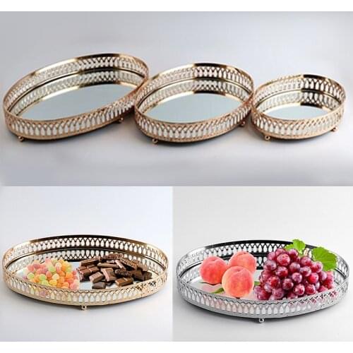 1Pc Nordic Glass Mirror Hollow-carved Round Tray Party Decorative Fruit Dessert Storage Plate
