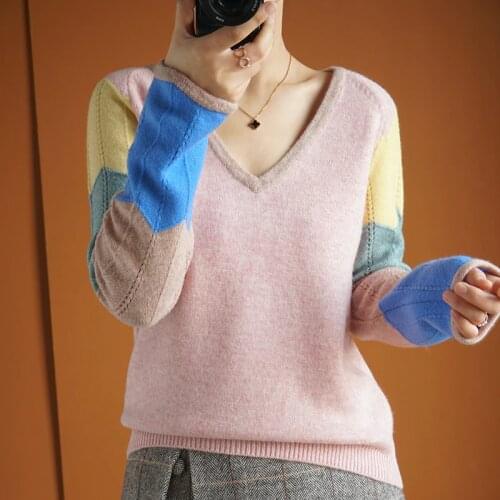 Autumn and Winter New Color Sleeves Color-Matching V-Neck 100% Cashmere Sweater Loose Sweater Pure Wool Knitted Pullover