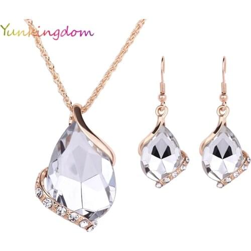 Yunkingdom Charms Wedding Necklaces&Earrings Geometric Design Crystal Rhinestones Fashion Jewelry Sets For Women