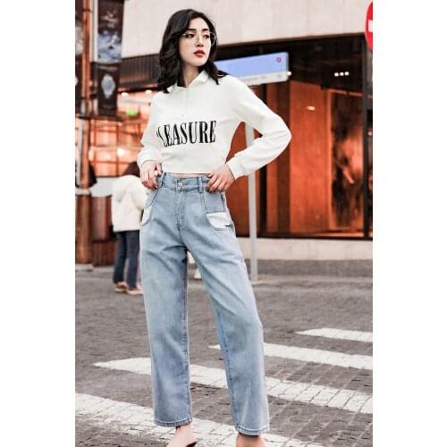 Obrix Female Straight Casual Jeans Mid Waist Fashion Streetwear European American Style Jeans For Women