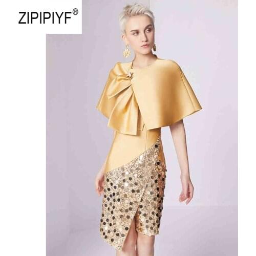 Original Zipipiyf Dress 2019 Runway 2 Sets Womens V-Neck Cloak Designs and Shinny Golden dresses ropa damas 2019 verano AB261