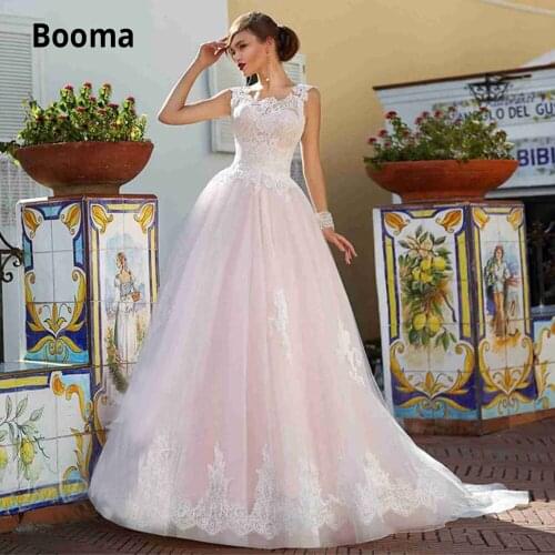 Booma 2020 Pink Wedding Dresses Lace Appliqued Sleeveless Open Back Lacing Tulle Beach Bride Dresses Plus Size vestido de noiva