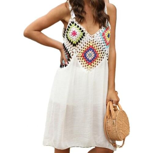 Women Dress Crochet Beach Cover-ups Summer Tunic Cover Up Long Knitted Patchwork V Neck Beachwear Mini Dress for Ladies Vestido
