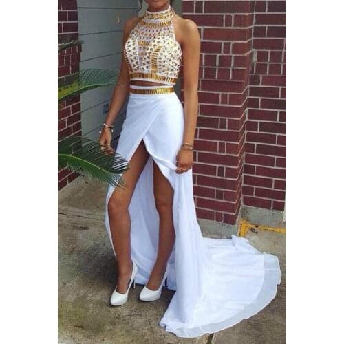 Gold and White Two Pieces Prom Dresses High Neck Halter Sleeveless Crystals Sexy High Split Chiffon Long Train Evening Gowns