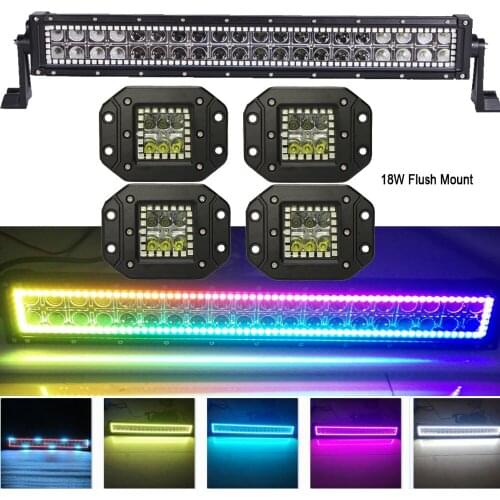 120W 22" LED Light Bar w/ RGB Halo Ring MultiColor Changing lots Chasing+4pcs 18W Flush Mount Pods Offroad Remote Control ATV