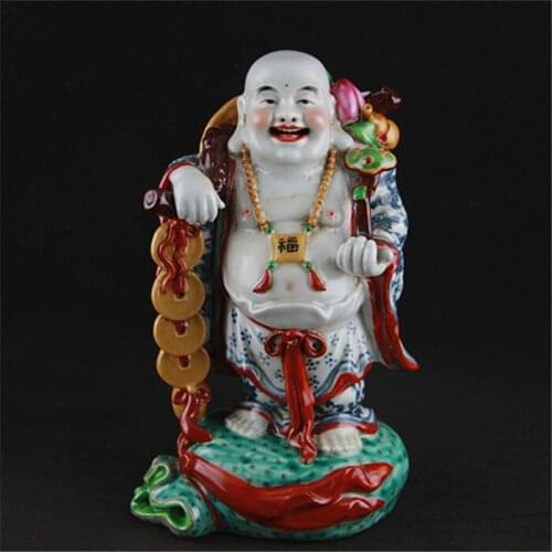 Antique SongDynasty porcelain statue,Blue&White bag Rohan sculpture,painted crafts,Decoration,Collection&Adornment,Free shipping