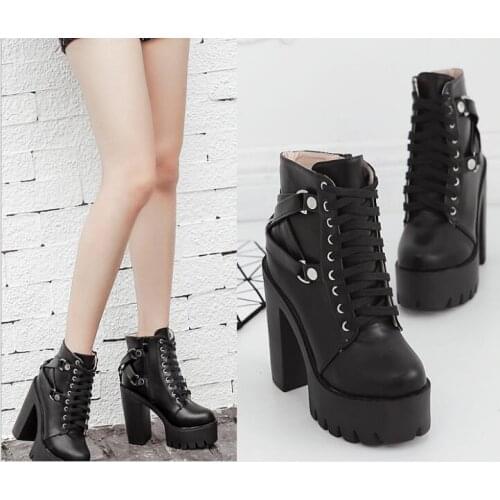Winter Black Patent Leather Ankle Boots For Women Lace Up High heel Boots Women autumn Warm Plush Women Boots Street Style Shoes