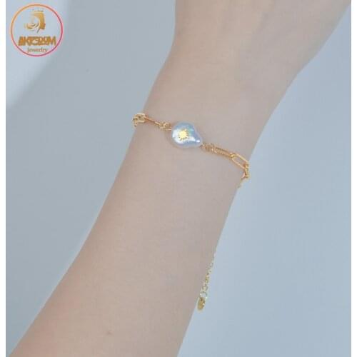 Akizoom 18K-Gold Pearl Eight Pointed Star Bracelet Fashion Stainless Steel Chain Bangles For Women Girl Unisex Jewelry Gift