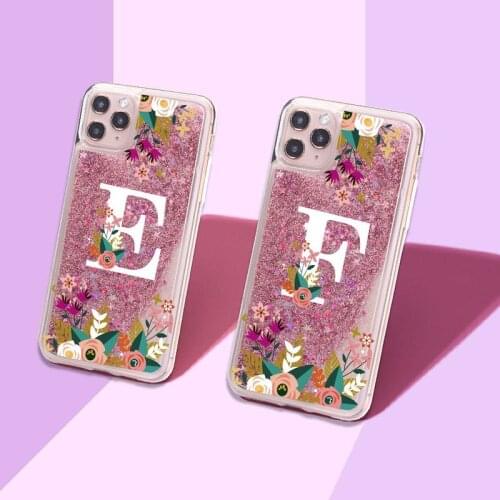 Custom Initials name A to Z Flower Sparkle Liquid Real Glitter Phone Case Cover for iPhone 11 X XS XR Max Pro 7 8 7Plus 8Plus 6