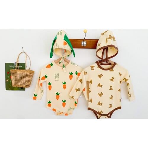 Cartoon Baby Girl Ropmers +Hat 2piece CottonAutumn New born O-neck Full Sleeve Carrot/Bear Printed Bodysuits Kids Unisex Clothes
