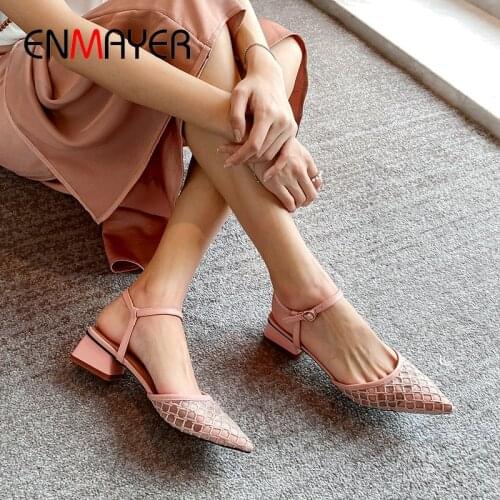 ENMAYER 2020 Women Shoes Pointed Toe Party Basic Buckle Strap Pumps Square Heel Mesh (Air Mesh) Sexy Wedding Shoes Size 34-40