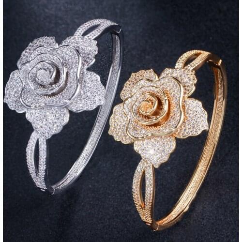 ERLUER Luxury wedding engagement Bangle Bracelets For Women Girl Fill Zircon Crystal Flower Shape Jewelry Gold Bracelet bangle