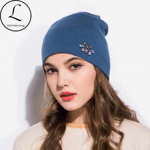 GZHILOVINGL 2018 New Arrivals Spring Summer Winter Women Girls Plain Knitted Wool Slouchy Skullies Beanie Hats With Rhinestones