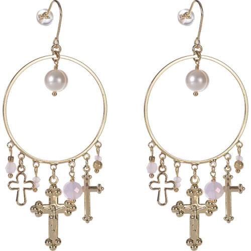 S925 silver needle Fresh Water Pearl Earing Pendant Cross Pearl Hoop Earring Geometri Big Hollow Round Earrings long